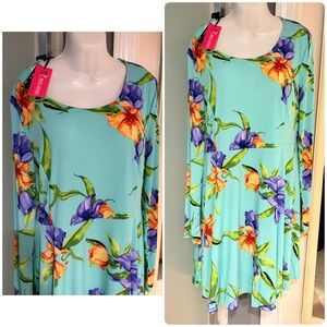 NWT Miss Kerve Turquoise Floral Long Sleeve Flowy Dress Size 14
